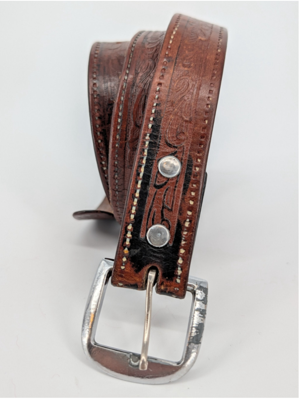 Vintage Brown Tooled Leather Western Belt Size 42 Buckstitch Cowboy Distressed